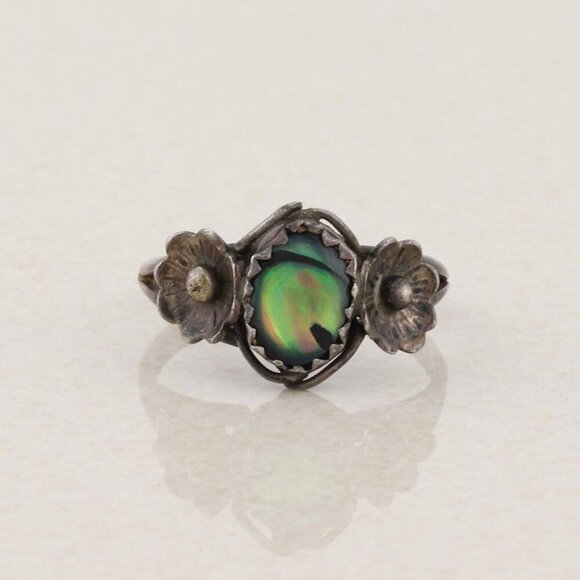 Sterling Silver Abalone Flower Ring Size 6 1/2 Dark Patina - Picture 1 of 9